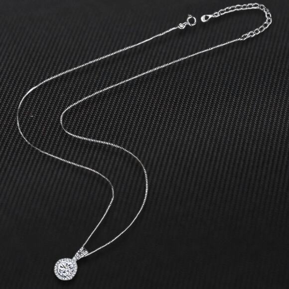 1 Ct Moissanite Halo Pendant Necklace Rhodium Plated Stamped 925 Sterling Silver - Picture 2 of 9